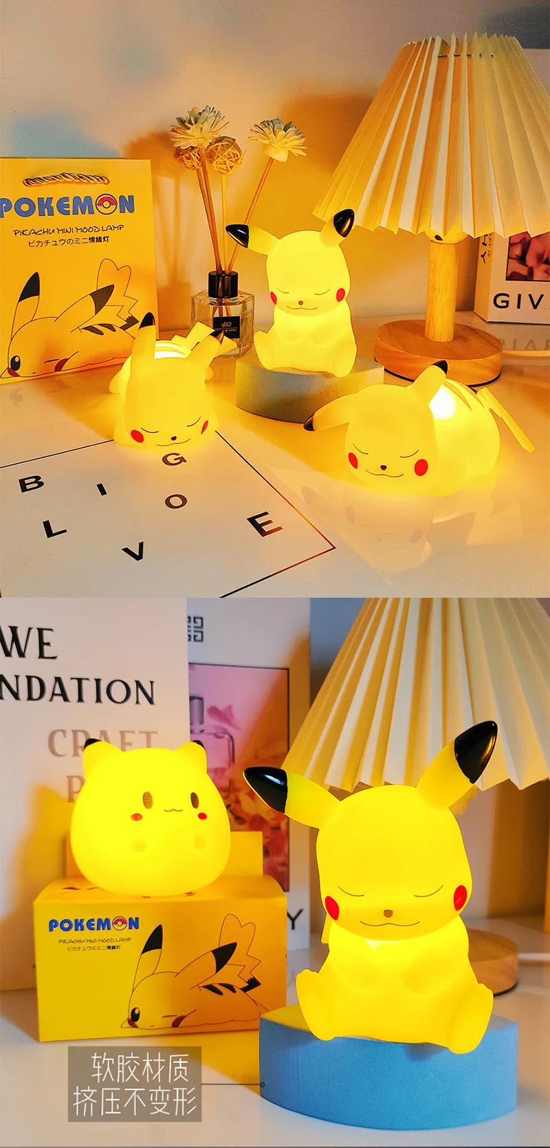 Pokemon Pikachu Night Light Glowing Anime Figures Toy Bedside Led Lamp with Box and Gift Bag Kawaii Children Birthday Gift